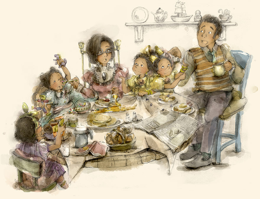 Sela Blue and her family at the breakfast table